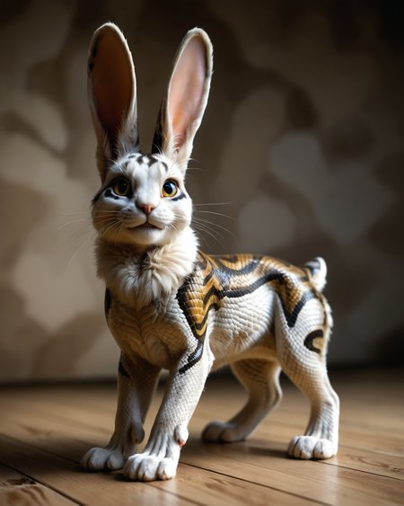 score_9, score_8_up, score_7_up, intricate details, rating_safe, <lora:SnakeSkinStyle:0.7>, 1boy(solo, feral furry, 
anthro furry, rabbit with Jed-snkskn, snakeskin,
full body, looking at the viewer, solo, smiling), detailed background, depth of field, subsurface scattering, 
<lora:ral-chrosc-clr:0.3>, ral-chrosc-clr,
<lora:xl_more_art-full_v1:0.3>,
<lora:add-detail-xl:0.3>