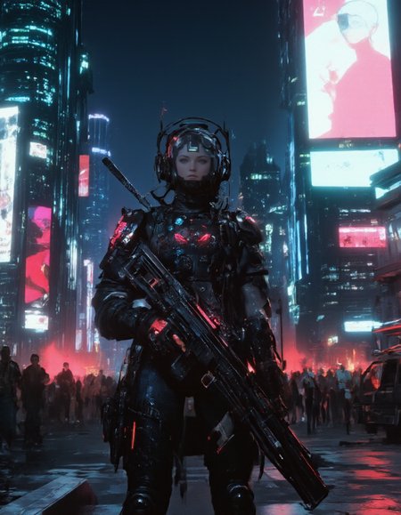 <lora:Anime art:1.2> <lora:zavy-cbrpnkct-fxl:1> zavy-cbrpnkct, cyberpunk city at night.  Soldier standing on the street at night. The black, stylish body armor she wears has a corporate logo that resembles a skull, glowing in fluorescent colors.. The large rifle appears to be an integral part of the arm. Helmets and night vision goggles seem to be the odd crown jewel. In the background, crowds are protesting by raising placards and burning smoke bombs. <lora:artisketchyfs-v02:0.5> <lora:Herbst_Photo_Style_v3:0.9> herbstphoto, herbst photo, best quality, ultra detailed. detailed face.