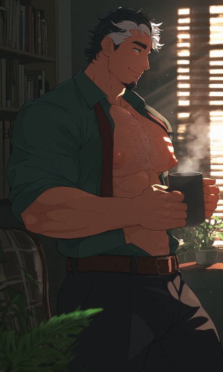 1boy, male focus, bara, muscular, large pectorals, puffy nipples, green eyes, black hair, white hair, mature male, undone necktie, blinds, indoors, dark green shirt, open shirt, holding cup, coffee mug, window, chair, goatee, plant, chest hair, brown belt, short messy hair, sunlight, black pants, collared shirt, sleeves rolled up, bookshelf, smirk, steam, book, cozy, dreamy, cinematic, volumetric lighting, sunbeam, light particles, dark, dark room, illuminated through blinds, dynamic, vintage, looking away, relaxing, leaning against wall, standing, very awa, masterpiece, best quality, absurdres, newest, perfect quality, detailed background, intricate details, (artist:oro9:0.6), (artist:crow \(siranui\):0.7), (artist:konohanaya:0.7)