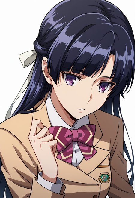 score_9, score_8_up, score_7_up, source_anime, rating_safe <lora:rukino_sakivv_PONY-700007:0.8> rukino_sakivv, 1girl, anime coloring, solo, long hair, purple hair, purple eyes, half updo, hair ribbon, bow, blazer, long sleeves, emblem,  expressionless, parted lips, medium breasts, leaning forward,upper body, hand up, hand on own chest, white background,