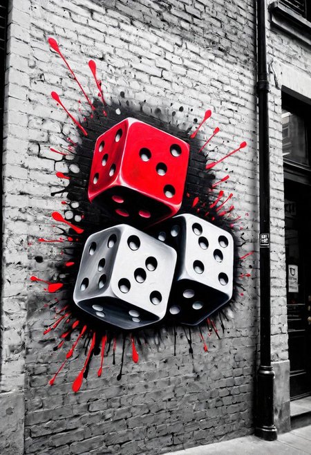 city wall, spray painted on the wall is the word "DICE", (Black and white image, Red Accent)
