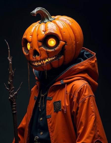 Halloween Monster. cyberpunk (Pumpkin-headed:1.5) wizard. mechanical pumpkin. Gouged-out eyes, nose, and mouth. Eyes that emit light with LEDs. Exhaust heat from radiator leaks out of mouth. Flip the orange cloak. Purple Shadow. black background. he has a magic staff. <lora:FLUX-daubrez-DB4RZ-v2:0.3> DB4RZ, DB4RZ style painting. <lora:FantasyWizardWitchesFluxV2-000001:0.3> hkmagic