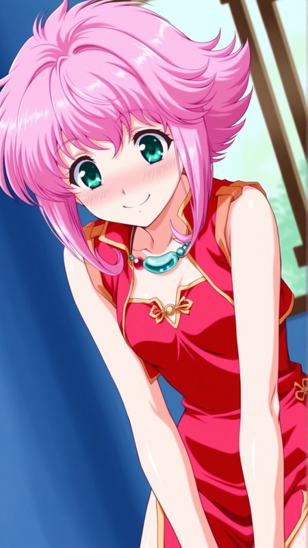 source_anime, genral, best quality, masterpiece, 1girl,  <lora:Mer_Bitter_ill_v1.0:1> mer_bitter\(srw\),green eyes, pink hair,flipped hair,short hair, necklace, jewelry, china dress, happy, embarrassed,  dynamic pose, dutch angle, cowboy shot,