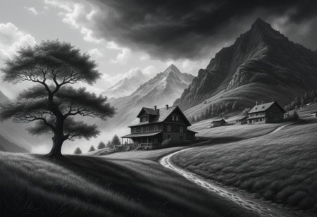 (((Pencil Drawing \(medium\), monochrome, greyscale, outdoors, sky, cloud, tree, no humans, traditional media, grass, motion lines, scenery, mountain, house))). highly detailed and hyper realistic photo, by Alena Aenami , by Archibald Thorburn , by Daniele Afferni , limited dark palette, unusual dark colors, faded colors, atmospheric haze, highly dramatic cinematic lighting, film grain,  professional, excellent composition, finest details, maximized details, ultimate detail level, masterpiece, best quality