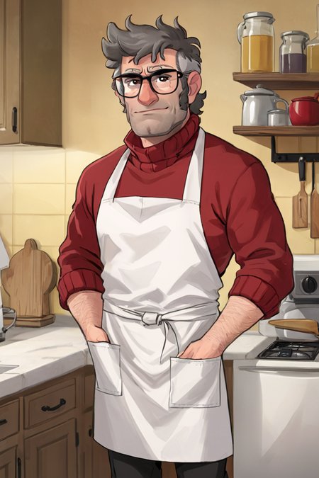 fordpines, 1boy, solo, male focus, mature male, old man, upper body, muscular, short hair, grey hair, brown eyes, thick eyebrows, glasses, black-framed eyewear, facial hair, stubble, sideburns, white apron,red sweater, black pants, standing, kitchen <lora:Stanford (Ford) Pines SDXL_LoRA_10r_10e_32i_nr32_a16_SDXL:0.7>