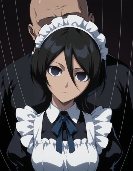 masterpiece, best quality,  <lora:Mind_Controlled_Rukia:1>, 4ukia, short hair, black hair, dark blue eyes, expressionless, empty eyes, (head tilt, maid:1.2), upper body, arms at sides,  doll strings, a faceless fat bald man puppeteering a girl,
