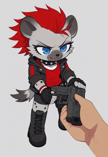 score_9, score_8_up, score_7_up, score_6_up, source_anime, (1girl), hyena, (mischievous smile), black spots, <lora:go_do_a_crime:0.8> Go do a crime, holding gun, red hair, punk, blue eyes, grey fur, black leather jacket, eyelashes, red tank top, fingerless gloves, black combat boots, spike choker