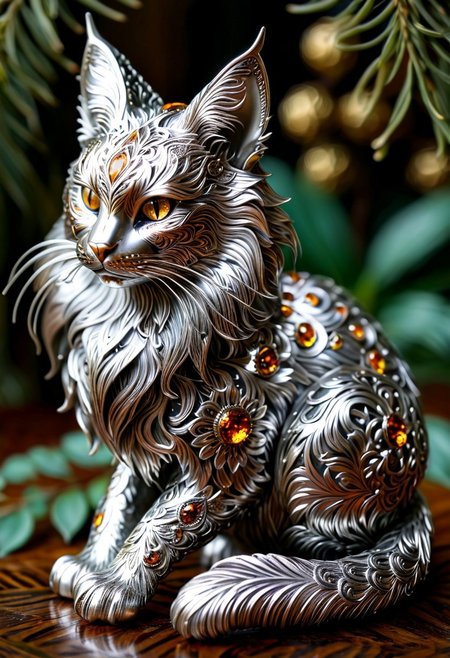 a unique, inadequate, unusual shape of random Mainecoon+botanical art object, filigree statuette, gloss metal silver, amber eyes,  cloisonne enamel minankari,  intricate details, ultra sharp, exquisite details, studio photo, soft lighting, End_JewelryMorph