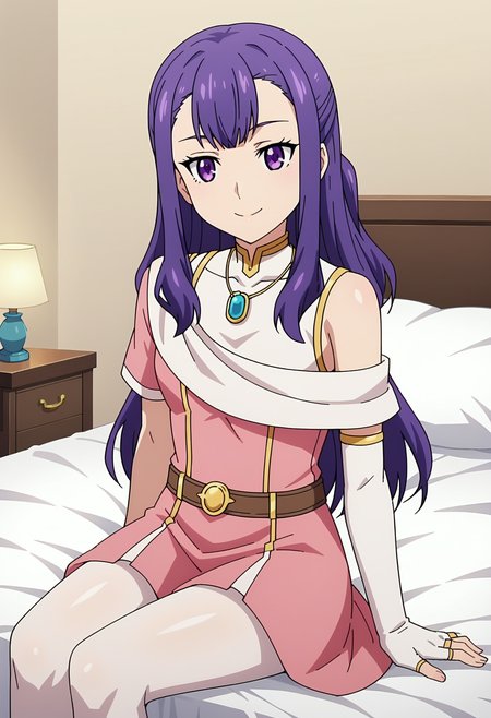 score_9, score_8_up, score_7_up, anime screencap, 1girl, solo, KushltanlAsaka, purple eyes, purple hair, long hair, ponytail, half updo, sidelocks, jewelry, necklace, pendant, pink dress, off-shoulder dress, gold trim, pink skirt, turtleneck, off shoulder, single bare shoulder, short sleeves, layered sleeves, white dress, sleeveless shirt, single sleeve, white pantyhose, asymmetrical clothes, belt, white gloves, elbow gloves, fingerless gloves, <lora:Kushitani Asaka-000010:0.9>, bedroom, sitting, on bed, nightstand, smile, cowboy shot, high quality,(best quality:1.1), masterpiece
