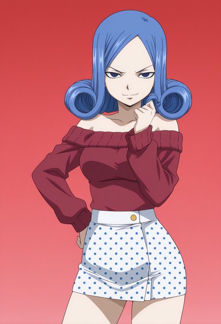 masterpiece, best quality, amazing quality, anime coloring, anime screencap, 1girl,  <lora:DX888JuviaIL:1>juvia lockser, blue hair, curly hair, blue eyes,  BREAK
 red sweater, off-shoulder sweater, sweater tucked in, striped sweater, micro skirt, white skirt, polka dot skirt, red  background pastel background, BREAK twirling hair, cowboy shot,, dynamic pose,   smug,  side smile, lowered eyelids, arrogant smile,  smug smile,