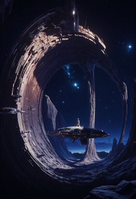 scene art, stocky Dutch ship in majestic space, high wall of nebula wave, Dynamic pose, sci-fi, detailed, inspired by Stephen Spielberg, galaxy in the backgroound, DreamArt