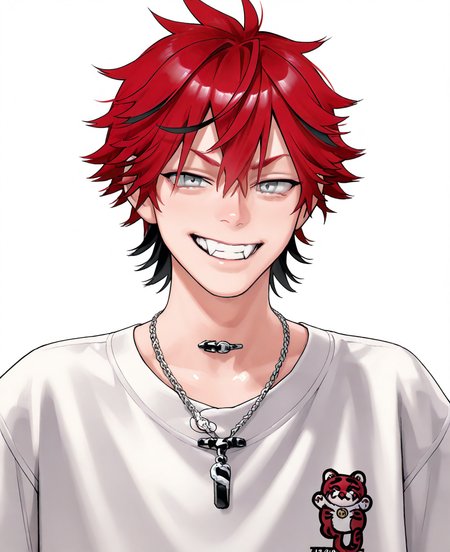 <lora:gokurakugai:1> gokurakugai,
(masterpiece), (best quality), (ultra-detailed), amazing quality, very aesthetic, illustration, perfect composition, intricate details, absurdres, incredibly absurdres, shiny skin, realistic,
 gokurakugai, 1boy, male focus, red hair, solo, multicolored hair, black hair, necklace, shirt, jewelry, white shirt, looking at viewer, streaked hair, teeth, hair between eyes, short hair, white background, virtual youtuber, fangs, smile, tone hair, grey eyes, open mouth, simple background, upper body, general