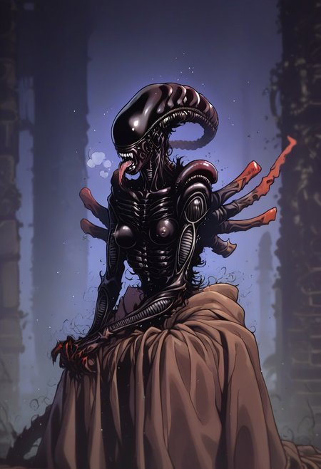 score_9, score_8_up, score_8_up, source_furry,source_hentai, rating_explicit,, , feral,1xenomorph,  ultra detailed, (score_9, score_8_up:1.1), score_7_up, ,,source_anime, rating_explicit, , (feral,animal, female), xenomorph futanari, scaly , scales, crimson glowing scales,  ancient god xenomorph beast, alluring, medium breasts, nipples, curved back horns, black horns with red glowing pattern,, black skin, (long neck:0.5), naughty , slutty,sexy, Expressiveh, detailed skin, gigantic, hills, peaks, outdoor, wings,, portrait, steaming, wet, Tbtniki style, dark atmosphere, fire particles, night, BREAK, standing, heavy breathing, dramatic lighting,film grain, motion lines, movement, VHS filter,nsfw,((portrait, breasts focus, (front view:0.8), 1990s \(style\), anime movie, blurry background, mythical dragon, beautiful and intimidating face, open mouth, showing tongue