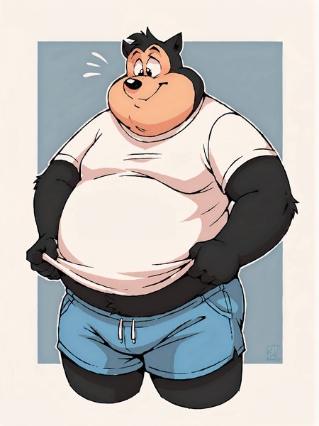 score_9, score_8up, score_7up, score_6up, score_5up, score_4up, BREAK
abstract background, BREAK
male, black body, furry, anthro, pjp3t3, fat, overweight, big moobs, BREAK
shirt, shorts, source_furry, rating_safe, BREAK
<lora:PJ_Pete_-_Goof_Troop_-_PDXL:1>