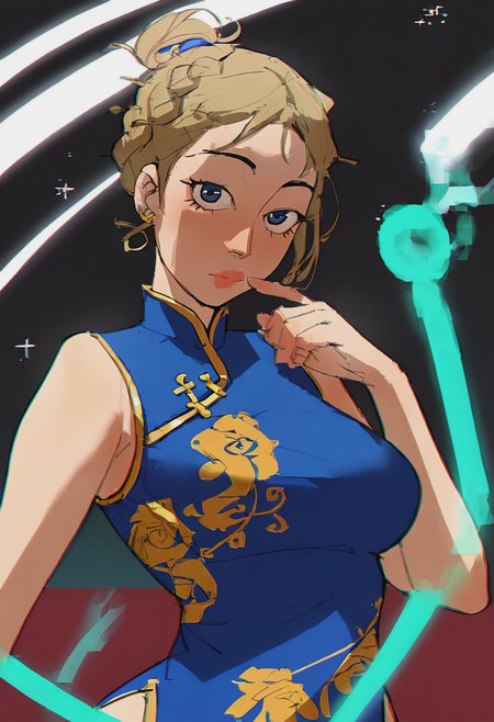 score_9, score_8_up, score_7_up, source_anime, 1girl, large_breasts, mature_female, portrait, solo, looking_at_viewer, open_eyes, Pretending to pull an invisible rope, dutch_angle, (Electric blue china dress (cheongsam/qipao)), straight hair, braid, Dirty Blonde hair, space station, head_out_of_frame, rating_safe, <lora:pony\artist_styles\ramon_nunez_pony:1.0>