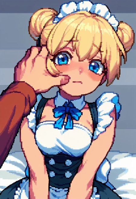 score_9, score_8_up, score_7_up, source_anime, 1girl, solo, emilico, blonde hair, hair buns, blue eyes, blush, maid outfit, povcheekgrabbing, solo focus, hand on another's face, looking at viewer, pixel art