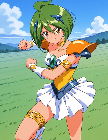 general,highres, ultra-detailed,very aesthetic,best quality ,best hands,  BREAK <lora:Tamano_Hinagiku_IS:1> Tamano_Hinagiku, 1girl,solo, green hair, short hair, brown eyes, hair between eyes, 1990s (style),anime coloring,
solo, green eyes, smile, skirt, choker, looking at viewer, armor, armlet, jewelry, magical girl, thighlet, ahoge, outdoors, white skirt, shoulder armor, pauldrons, day, hair ornament, collarbone, shoulder pads, open parts,
serious face, fighting, punch,
grass, sky,