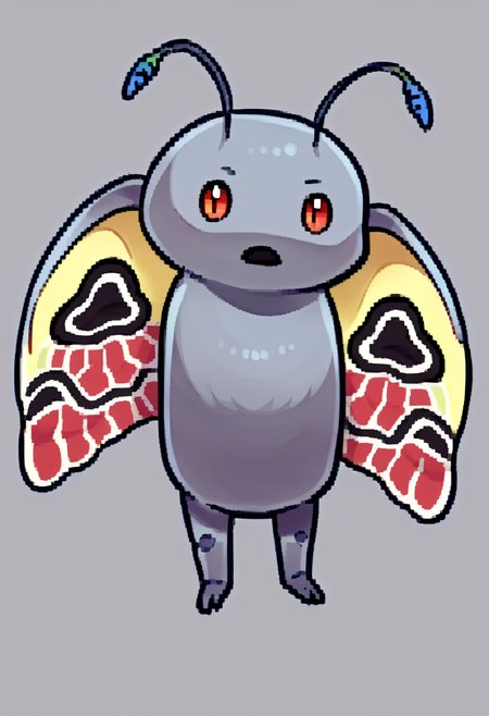 score_9, score_8_up, score_7_up, source_anime, BREAK, solo, <lora:Feh-Sprites-pdxl_Fp:1>, simple background, chibi, full body, pokemon \(creature\),  <lora:Mothman-pdxl_Fp:1>, mothman, red eyes, open mouth, antennae, wings, grey skin,