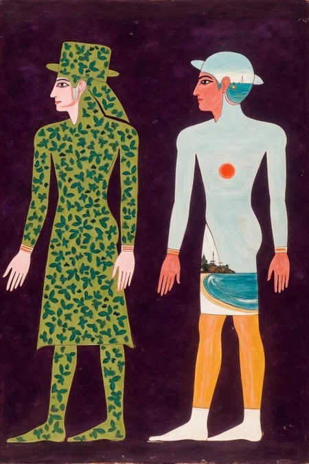 egyptian painting
 Two cutout silhouettes of men standing against a dark purple background. The silhouette on the left is of a man wearing a hat and coat, with a pattern of green leaves covering his body, creating a surreal contrast to the natural elements depicted. The silhouette on the right is of a man in a similar hat and coat, but his body is transparent, revealing a scene of a tranquil seaside landscape behind him.  <lora:egypt1_cap_d6a3:1.0><lora:829967228683189395:0>