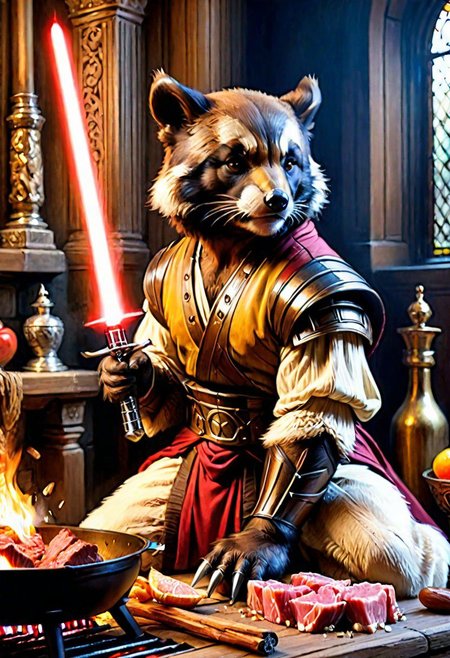puppy wolverine Obi-Wan, grilling beef on light saber, 
Oil Painting, 
(Renaissance Paintings, Renaissance style, beautiful, painterly, detailed, textural, artistic),  (((intricate details, highly detailed, ultra-detailed, absurdres))), (unreal engine, octane rendering, Anti-Aliasing, sharp focus, natural lighting, high saturation, high contrast, vivid, vibrant, studio lighting, best texture quality), beautiful detailed scenery,
Style-Renaissance