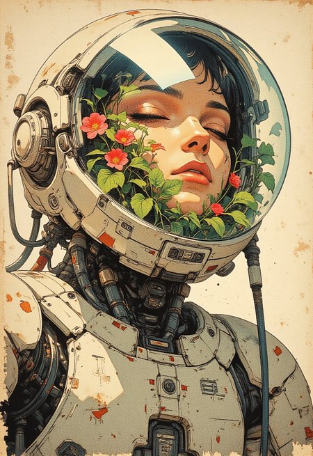 A highly detailed anime-style illustration of a young astronaut with a transparent space helmet, filled with lush green plants and glowing flowers. Her face is calm, eyes gently closed, as if in deep thought or sleep. The helmet acts as a self-sustaining biosphere, with vines growing inside. The suit is a fusion of futuristic cyberpunk aesthetics and organic elements, featuring metallic tubes and intricate bio-mechanical details. The lighting is soft and warm, casting a golden glow on the plants and the astronaut’s delicate face. The background is minimalistic, textured, and slightly aged, emphasizing a dreamlike, melancholic atmosphere. Style: semi-realistic, anime, soft shading, high detail, sci-fi botanical theme
 
