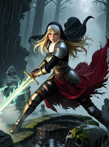 absurdres, high detail, cinematic lighting, dynamic pose, dramatic pose, ethereal glow, dark fantasy, masterpiece, dynamic perspective, medieval fantasy, intricate armor, heavy rain, heavy wind,
BREAK
1girl, solo, warrior nun, bloodied, battle scars, eye trails, intense gaze, solemn expression, dark sun-kissed blonde hair color hair, fringed bangs, long flowing hair, tattered habit, torn clothes, ripped clothes, crimson-stained robes
BREAK
glowing weapon, sacred warrior, blood splatter, blood on face, blood on clothes, 
BREAK
outdoors, ruins, war-torn, a mystical forest, bathed in dappled sunlight, with moss-covered rocks, ancient stone statues, and a winding path lined with lanterns, ominous atmosphere, divine aura, fog, foggy battlefield
BREAK
IllusP0s
<lora:slau_n11:1>
<lora:FantasyKnightsIL:0.35>
<lora:SDXL - Dark Slider:0.35>
<lora:SDXL - Detailed Eyes v3.0:0.8>   
<lora:SDXL - Dynamic Poses  v1.0:2.0>