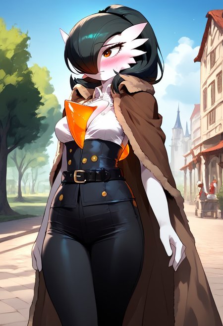 (((gardevoir))), female, anthro, porcelain white skin,, (score_9, score_8_up, score_7_up, high quality, best quality, ultra-detailed, very aesthetic, illustration, perfect composition, intricate details, absurdres, high res image, masterpiece, vibrant colors, beautiful face, detailed face, 1girl, solo focus, perfect eyes, detailed eyes), female, gardevoir, black hair, high ponytail, long hair, slanted eyes, narrow eyes, black eyes, pale skin,  large thighs, perfect body, fit body, medium breasts, curvy body, narrow-waisted, wide hips, (belt, belt buckle, black pants, black ribbon, brown cape, buckle, buttons, cape, pants, ribbon-trimmed cape, white shirt), (blushing, looking away, embarrassed), (outdoors, fantasy, park, town)