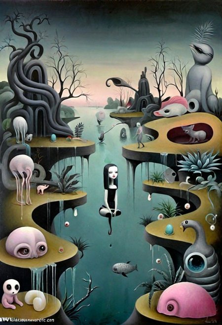 incredible lowbrow art style, surreal  waxdrippings beautiful landscape, dark biomorphic ,dark fantasy, people,water,plants,animals   ,More surrealism and madness.