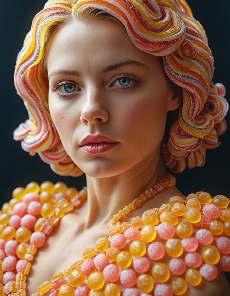 cinematic still 1woman made from candy, portrait . emotional, harmonious, vignette, 4k epic detailed, shot on kodak, 35mm photo, sharp focus, high budget, cinemascope, moody, epic, gorgeous, film grain, grainy, 1woman made from candy, portrait, highly detailed, full color, dynamic composition, elegant, intricate, beautiful, sharp focus, fair quality, artistic, cinematic, fine detail, dramatic light, professional, winning, new, shiny, colorful, unique, cool, awesome, creative, cute, iconic, amazing, fantastic, attractive, stylish, great, perfect, vibrant