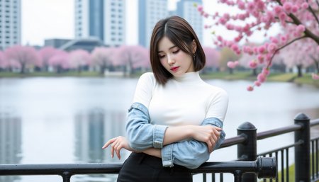hyper-realisitic, hyper-detailed, detailed clothing, detailed foreground,  RAW photo,  detailed lighting, woman, 
A breeze stirs the edge of a still spring afternoon as a young woman leans gently against the iron railing by the lake, the surface of the water mirroring the blossoms falling slowly from above. Her arms are crossed firmly across her chest, hugging herself against something unspoken, while her gaze drifts downward — not toward the lake, but inward, as though sifting through memories held tight behind those half-lidded, tired eyes. Her short chestnut brown bob is unkempt by the wind, strands swept haphazardly over her forehead and across one cheek, partially obscuring the delicate curve of her expression. Her eyes, once lively, are now weighed down with the soft shadow of reflection, framed by dark lashes damp with emotion. Her lips, softly tinted with a petal-pink hue, are barely parted, as if caught in the act of whispering to herself. She wears a structured white turtleneck tucked neatly into high-waisted black pants, and over it, a pale blue denim jacket clings loosely to her frame, sleeves draping low and unfastened, as though she couldn’t muster the effort to adjust it. Around her, cherry blossoms drift silently, some caught in her hair, others clinging to the metal rail. The towering buildings across the lake loom in the blurred background, tall and ghostlike, as if echoing the weight she carries. The entire scene hums with nostalgia and unresolved emotion — not loud grief, but the ache of holding on to what’s already gone. It’s a cinematic frame frozen in quiet heartbreak, the moment when remembering hurts more than forgetting.
 <lora:MoriiMee_Gothic_Niji_Style_FLUX:0.4> <lora:Flux__Semi-realistic_art_style-000004:0.6>