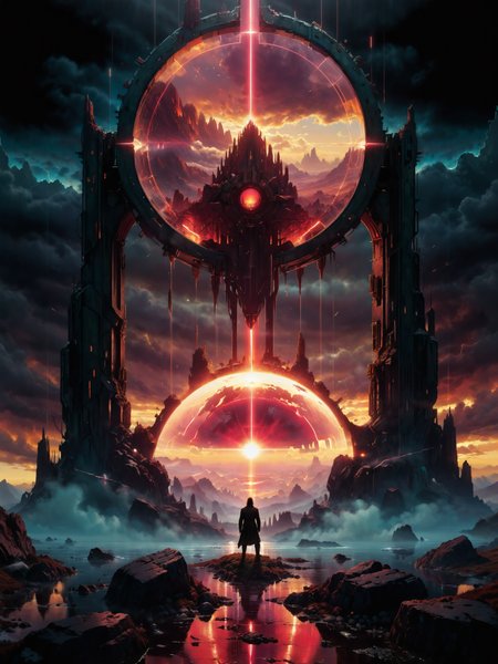 <lora:more_artful-xl:0.8> <lora:add-detail-xl:2.4> <lora:style-matte_black_contrast-xl-v3-by_tijuanaslumlord:0.4> <lora:style-glowing_neon-xl-by_cybernella:0.8> <lora:envybetterhiresfixxl01-xl:0.0:hr=1.0> (vertical symmetry:1.6), vntblk, movie poster art, [blood moon, red moon, darkest night, stonehenge, low angle:famous artwork by (caspar david friedrich:1.3) and (stephan martiniere:1.2), (perfectly round scifi portal:1.4), ominous dark (surreal and unique:1.4) landscape with towering (obelisks:1.6) piercing the sky, glowing ornate lovecraftian artifact, jagged rock formations, night sky, mysterious, ethereal, deserted, dark corners, (burgundy:1.4), (anthrazit grey:0.9), (crimson:0.9), (sunset orange:0.7), (yellow:0.4), (teal:1.1):16], ultra detailed