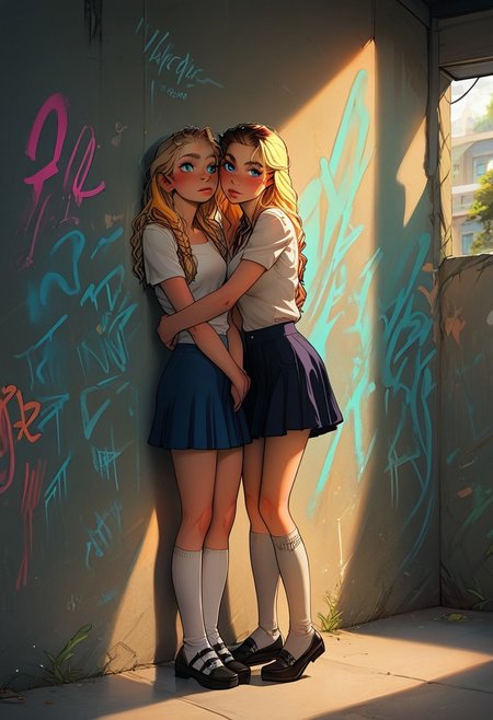 score_9, score_8_up, score_7_up, score_6_up, ),  1mg1mg , masterpiece,best quality, highly detailed, masterpiece,best quality, highly detailed, source_cartoon, uncensored, rating_explicit, casual, shiny skin, shiny highlights, emphasis lines, graffiti wall, holding school books in her arms to her chest, shoe flats, knee socks,
vinyl skirt, (leaning back against a wall with arms stretched out),
cute adult woman, long blonde hair, Top knot with braids wrapped around the base, bright blue eyes with a gentle sparkle, smooth fair skin, soft pink lips, delicate and refined facial features, wearing a casual yet stylish outfit, cheerful and warm expression, soft natural lighting, approachable and friendly vibe, youthful yet mature appearance, ((poised))
highly detailed, intricate details in hair and makeup, masterpiece, best quality, ultra highres, original, extremely detailed, perfect lighting
<lora:incase---1:0.5> <lora:S1_Dramatic_Lighting_v2:0.5> s1_dram  <lora:1mg1mgXLP:0.6>   <lora:GarvGirlsPony:0.7>