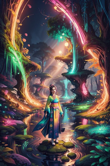 (centered) full body shot, (solo:1.1) woman in fantasy (forest:1.1) wearing (colorful HANFU COSTUME:1.1) (with pants) standing on a moss covered rock in stream, volumetric lighting, slight mist in the air  <lora:SD15_Nature_and_Technology:0.36>  <lora:Fluorescent_Lava_Cave:0.25>, subsurface scattering, ultra hd, 4k, high def, Photorealistic, Hyperrealistic, Hyper detailed, analog style, realistic, masterpiece, best quality, ultra realistic, 8k, Intricate, High Detail, film photography, soft lighting, heavy shadow, Color gradient of neon pink, neon blue, neon yellow, neon green