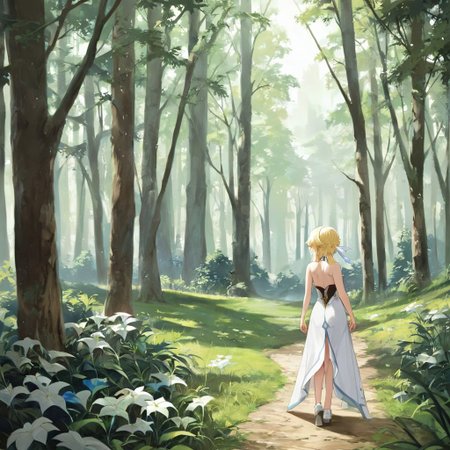 high quality, good quality, perfect quality, amazing quality, high res, masterpiece, score_9, score_8_up, score_7_up, source_anime, best quality, lumine from genshin impact, walk in the forest, 1 girl,