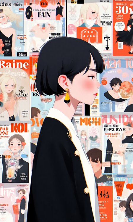 a girl with long pears earings,tanding in front of a wall covered with magazines, she stands straight up against the background of a wall full of fashion magazine