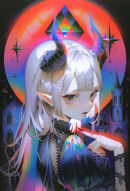 by yogisya  pale demon girl , prismatic coloring, holographic vibe, chromatic black lace blouse, gothic background, (long straight horns:1.2)