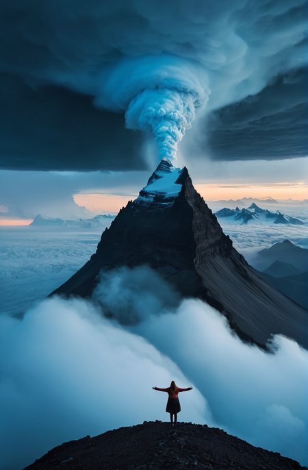 a epic vista, a group of young woman worshipping a giant goddess in the mist, by george perez, atmospheric, moody, at night, Dutch, aesthetical, frightening, prettyish, hair-raising, obscured, clouds, mist, 
photorealistic, ultra detailed, ultra realistic,  omuriceller, blue glacier volcano eruption, ultrawide lens, aerial photography, sunset, beautiful, cgsociety, artstation, 8 k