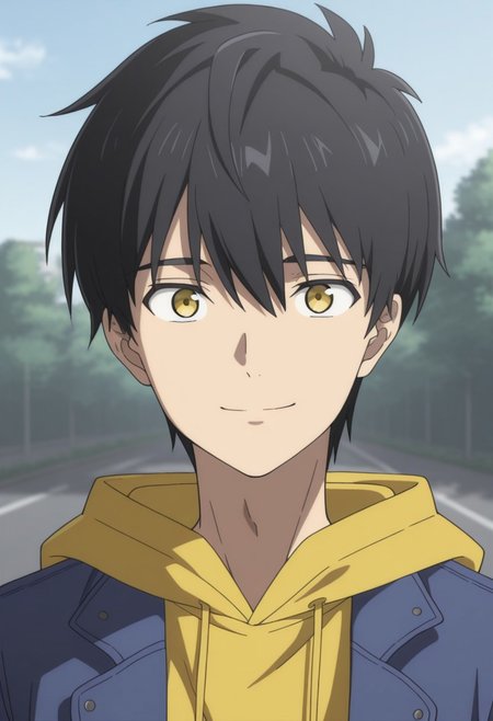 masterpiece,best quality,amazing quality, source_anime, 
KurouSakuragawa, 1boy, male focus, solo, yellow eyes, black hair, hoodie, yellow hoodie, hood, jacket, blue jacket, open jacket, smile, outdoor, looking at viewer, facing viewer, portrait,