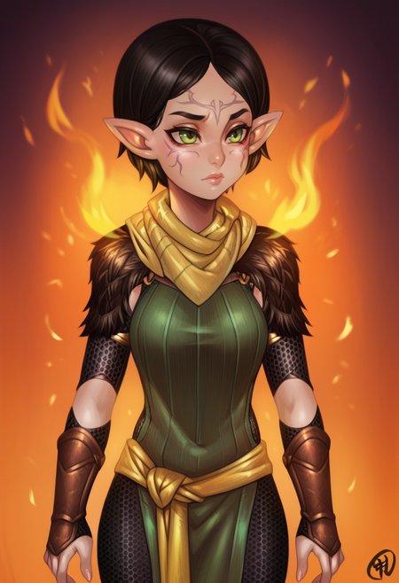 score_9, score_8_up, score_7_up, 1girl, solo,  SulfS-M3rr1LL, pointy ears, face tattoo, facial mark, short hair, black hair, green eyes,
chainmail sleeves,green tunic, yellow scarf, fur trimmed shoulder pads, leather bracers,
detailed background, fire, casting spell, chibi,
<lora:Merrill_Dragon_age_2-000008:0.8>,  <lora:Artist_Style_-_Filemonte_PDXL:1> filemonte-dh,