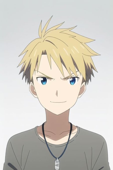 high resolution, professional photography, solo, best quality, 1Boy, Yamato Ishida, Blond Hair, Deep Blue Eyes, Necklace, dark t-shirt, looking at viewer, focused gaze forward, plain grey background, straight body, head upright, angry, smile, OverallDetail
