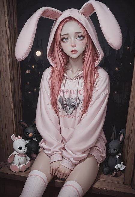 darkmode, (((best quality))), (((masterpiece))), (((amazing quality))), (((very aesthetic))), (((detailed eyes))), (((perfect eyes))), (((realistic eyes))), petite girl with short bubblegum pink hair and wide gray eyes, wearing oversized bunny hoodie and thigh-high socks, sitting on a windowsill under moonlight, soft cinematic lighting casting long shadows, subtle plush toys in background, shy expression, parted lips, pale glow on cheeks, noir childhood dream, dark fairytale tone, 58mm lens,