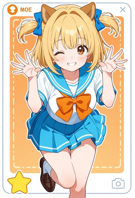 not ai art,not ai art,Intakes Hair,bangs,short twintails,short hair,dog ears,dog girl,serafuku,blue bow,blue orange bow,blonde hair,brown eyes,socks,white socks,shoes,ima_AI123,moe style,1girl,smile,wink star,hand pose,pose hand,perfect hand,icon,game icon
