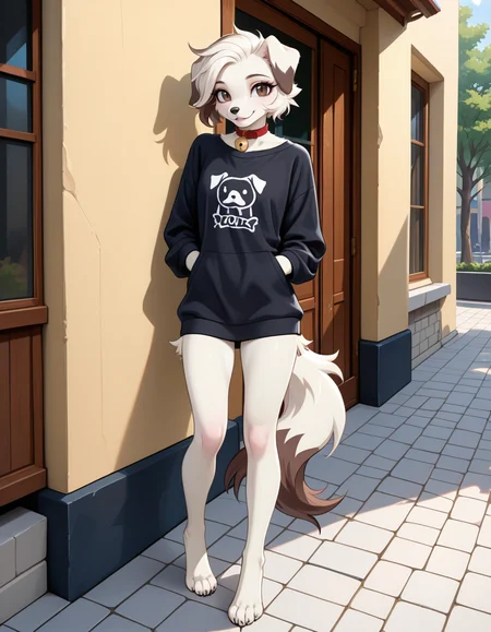 masterpiece, best quality, very aesthetic, absurdres,
outdoors, casual, 
full body, standing, posing, 
seductive smile, parted lips, long eyelashes,
 <lora:Infi_v01_NAIXL:1>,
1nf1,1girl,solo,furry,furry female,dog girl,dog ears,short hair,white hair,brown eyes,snout,animal nose,collar,neck bell,body fur,white fur,dog tail,
