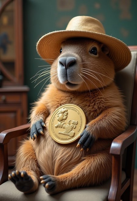 a capybara winning a nobel peace prize for being the most chill fellow. He lays on a chair and wears a straw hat. the prize is near the chair.