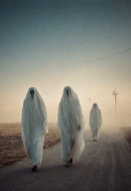 surrealist candida, ghosts, dreamlike, avant-garde, satire,everyday, surrealism, idioms candid. Strong Contrast. By Alex Andreev. sephia-tinted photography. with motion blur, slow shutter speed, and streaks of light.