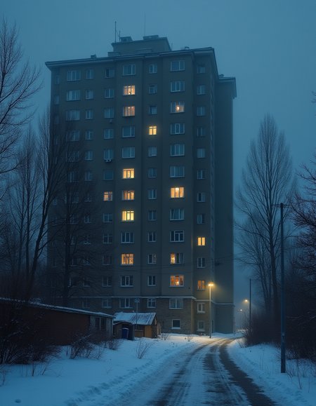 Soviet style apartment, windows lit up, foggy slightly covering the building, snow on ground, winter night,    <lora:astmospheric_painting:1> An atmospheric painting of