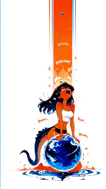 masterpiece, newest,absurdres,incredibly absurdres, best quality, amazing quality, very aesthetic, simple white background, surreal, blue theme, orange hue,
1girl, blue planet, dragon tail, roaring, (sound effects:1.3), spaghetti strap, white top,
<lora:Forest_Decay_Style_ichi_sk:1> <lora:ka_marukogedago:1> k4_illu, <lora:Neg4tive_sp4ce:1>  <lora:4ndaerz:1> 4ndaerz_illu