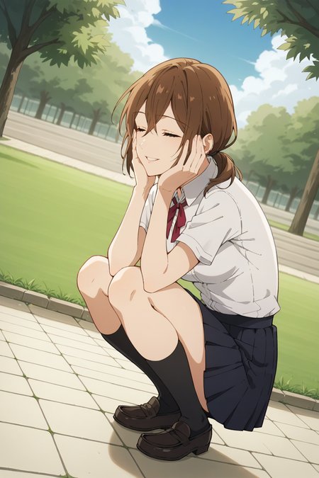 score_9, score_8_up, score_7_up, source_anime, 1girl, prefect lighting, very aesthetic, intricate details, highly detailed background, masterpiece, high quality, prefect hands, solo, best quality,
<lora:Yuriko_Hori_young_V1-000007:.75>, brown hair, medium hair, hair between eyes, closed eyes, grey eyes, straight hair, low ponytail, 
school uniform, black skirt, short sleeves, black loafers, 
squatting, squat, hands on face, smile, parted lips, dutch angle, from side, 
sunny, park, sidewalk, stone floor, grass, tree, cloudy sky, under shade, shade,
(Beautiful, medium Breasts:1.2), natural breasts,
