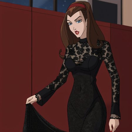<lora:scarletwitchwolverineandxmen_pony_v3:.8>  ScarletWitchWolverineandTheXmenDress,   1girl, solo, hairband, blue eyes, large breasts,   long hair, brown hair,  lipstick, makeup, cowboy shot, <lora:1013 Home wear 30_v1_pony:1> ruanyi1013,black dress,floral print,long dress,long sleeves,see-through dress,skin tight,lace