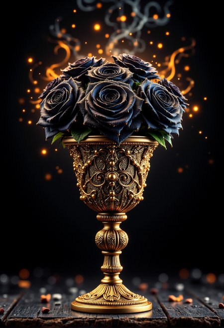 A golden chalice filled with glowing, black roses, their petals shimmering like velvet in the moonlight <lora:aidmaFLUXPro1.1-FLUX-v0.3.safetensors:0.5>,  <lora:aidmaDall-E3-FLUX-v0.1.safetensors:1.0>,   <lora:black_fantasy.safetensors:0.3>,